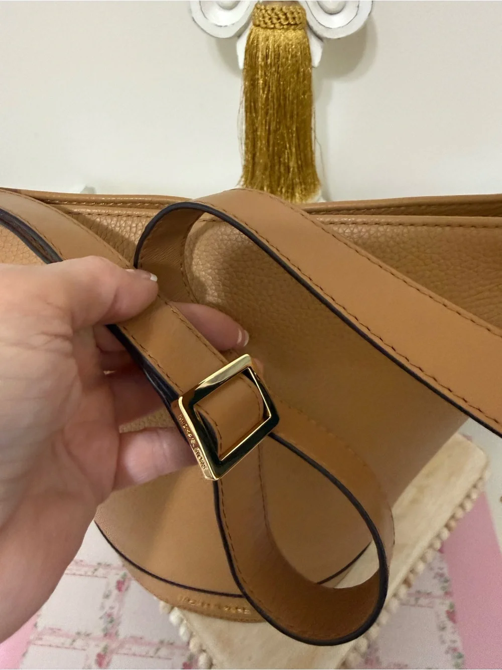 Michael Kors Cognac Pebbled Leather Bucket Shoulder Bag